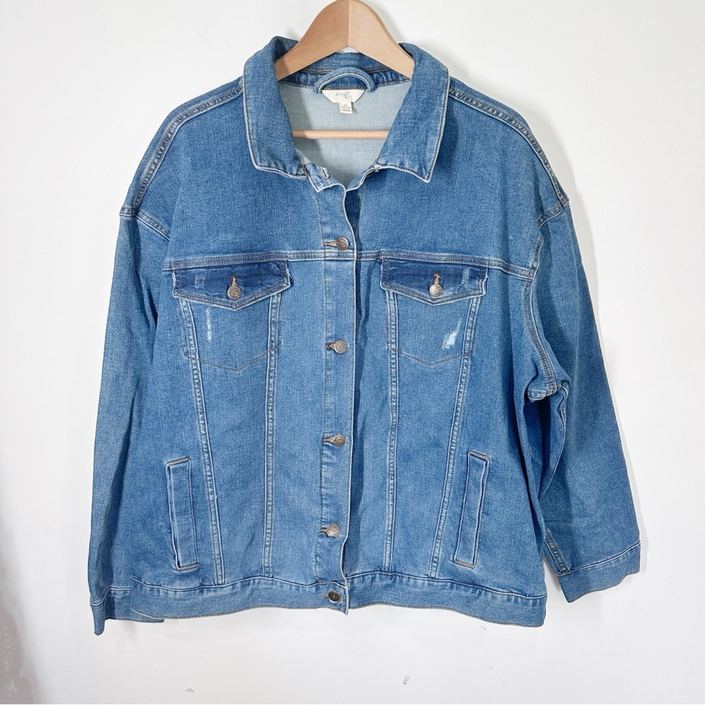 Terra & Sky Distressed Denim Jacket 1X 16-18W